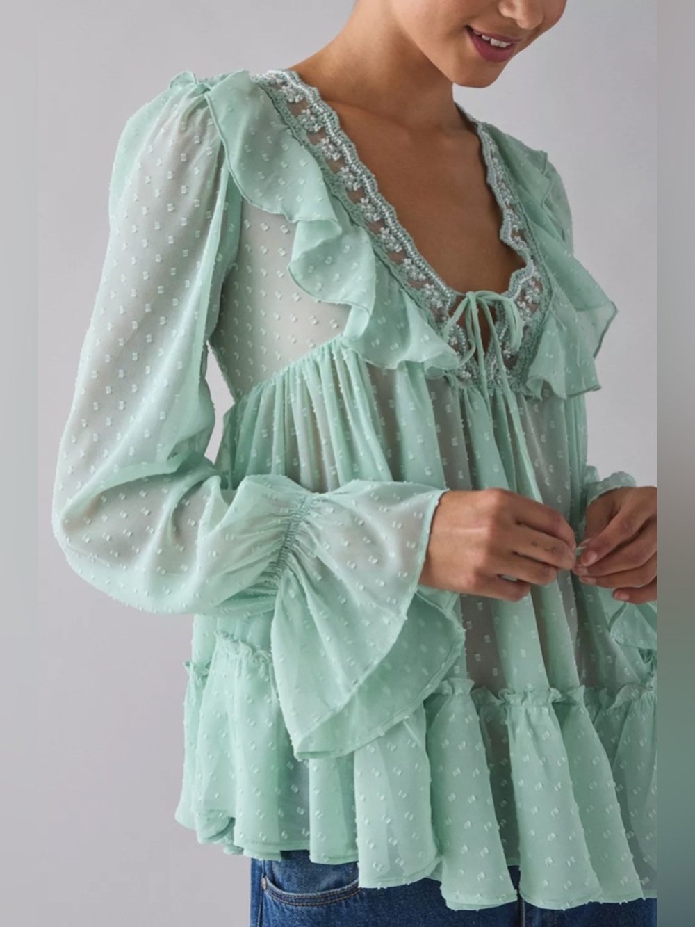 UO Kimchi Blue Mona Sheer Clip Dot Ruffle Babydoll Tunic Blouse